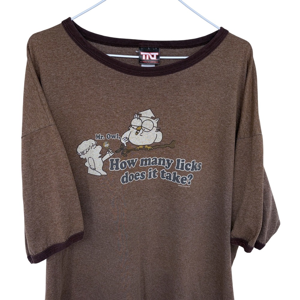 Y2K 2005 TR Brands Mr. Owl How‎ Many Licks Tootsie Pop Ringer T Shirt Brown XXL
